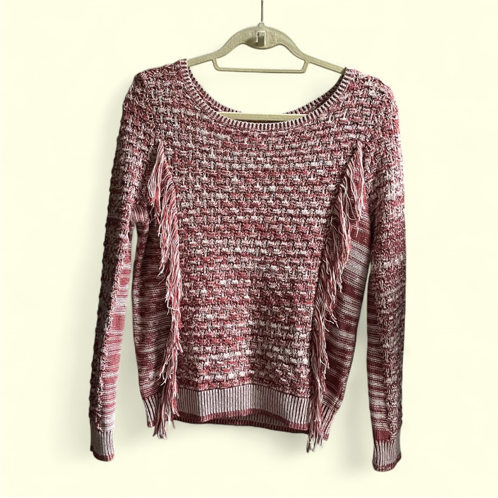 Pink and White Knit Sweater with Fringe